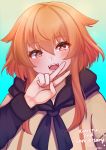  +_+ 1girl :d absurdres blue_background commentary dated english_commentary fangs gradient gradient_background hand_up highres indie_virtual_youtuber jacket kaheru_(vtuber) looking_at_viewer open_mouth orange_hair red_eyes scarf sidelocks signature smile solo temachii upper_body v 