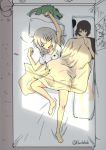  1girl arm_up bedroom blanket buchikaki clenched_hands closed_eyes dakimakura_(object) from_above girls_und_panzer indoors itsumi_erika leg_up nishizumi_maho on_bed pillow poster_(object) shirt short_sleeves silver_hair solo stuffed_animal stuffed_crocodile stuffed_toy t-shirt twitter_username white_shirt 