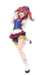  1girl :d bangs blue_headwear blue_shorts blue_vest boots bow bowtie floating_hair full_body gloves green_eyes hair_between_eyes happy_party_train hat highres kurosawa_ruby long_hair love_live! love_live!_sunshine!! mini_hat miniskirt official_style open_mouth red_bow red_neckwear red_skirt redhead shirt short_shorts short_sleeves shorts shorts_under_skirt simple_background skirt smile solo standing standing_on_one_leg striped striped_bow striped_neckwear twintails vertical-striped_shorts vertical-striped_skirt vertical_stripes vest white_background white_footwear white_gloves white_shirt yu-ta 