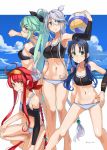  &gt;:) 4girls ahoge anchor_symbol aqua_eyes ball beach_volleyball bikini black_bikini black_hair black_ribbon blue_eyes blush braid collarbone green_eyes green_hair grin groin hair_flaps hair_ribbon highres holding holding_ball kantai_collection kawakaze_(kantai_collection) long_hair mole mole_under_eye multiple_girls navel ponytail redhead remodel_(kantai_collection) ribbon sidelocks silver_hair single_braid smile sports_bikini sportswear sugue_tettou suzukaze_(kantai_collection) swimsuit twitter_username umikaze_(kantai_collection) v-shaped_eyebrows very_long_hair volleyball yamakaze_(kantai_collection) yellow_eyes 