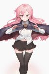  1girl :t black_legwear black_suit blush cape hair_between_eyes highres jam_(nandade) long_hair looking_at_viewer louise_francoise_le_blanc_de_la_valliere pink_eyes pink_hair riding_crop solo tattered_cape thigh-highs thighs white_background zero_no_tsukaima 