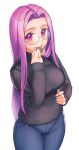  1girl blush breasts cowboy_shot denim eating fate/stay_night fate_(series) food glasses green-framed_eyewear hand_on_hip jeans large_breasts long_hair looking_at_viewer pants purple_hair rider rotix semi-rimless_eyewear senbei sidelocks solo sweater turtleneck turtleneck_sweater under-rim_eyewear violet_eyes white_background 