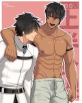  2boys abs arash_(fate) arima_(arima_bn) bara black_eyes black_hair blush chest dark_skin dark_skinned_male fate/grand_order fate/prototype fate_(series) fujimaru_ritsuka_(male) highres male_focus multiple_boys muscle nipples pants pectorals shirtless smile solo twitter_username upper_body yaoi 