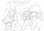  ! !! 1girl 3boys bakugou_katsuki bare_shoulders boku_no_hero_academia carrying character_request child collarbone commentary_request drooling feet_out_of_frame freckles greyscale hair_between_eyes hat highres holding_person horikoshi_kouhei looking_at_viewer messy_hair midoriya_izuku monochrome multiple_boys official_art open_mouth pointing pointing_at_viewer saliva shoulder_carry simple_background sleeveless teeth translation_request upper_body white_background 