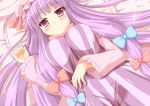  1girl bed blue_bow blush bow bowtie breasts chaa_(korone-ze) commentary_request eyebrows_visible_through_hair hair_bow hat hat_ribbon highres large_breasts long_hair looking_at_viewer lying mob_cap on_back on_bed patchouli_knowledge pillow purple_hair red_bow red_neckwear red_ribbon ribbon solo touhou very_long_hair violet_eyes wide_sleeves 