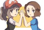  2girls bangs baseball_cap black_shirt blue_shirt brown_eyes brown_hair character_request from_side hair_between_eyes hat highres holding_hands interlocked_fingers long_hair looking_at_viewer multiple_girls open_mouth pokemon ponytail red_headwear shiny shiny_hair shirt short_hair short_sleeves two-tone_background upper_body user_ahrh3282 white_background white_sleeves yellow_background 