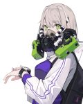  1girl bangs eyebrows_visible_through_hair from_side gas_mask green_eyes highres hood hoodie jacket looking_at_viewer mask mouth_mask nuo_nuomi_ci original smartwatch solo track_jacket upper_body watch watch white_background white_hair 