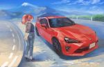  1girl car ground_vehicle highres looking_to_the_side momo_hiki motor_vehicle open_mouth original personification red_eyes redhead tied_hair toyota toyota_86 vehicle_focus 