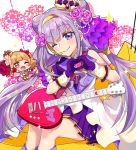  1girl ;) aisaki_emiru asymmetrical_sleeves bangs character_doll double_bun eru eyebrows_visible_through_hair frilled_gloves frills gloves guitar headset hugtto!_precure instrument long_hair looking_at_viewer microphone miniskirt one_eye_closed pleated_skirt precure purple_gloves purple_hair purple_skirt ruru_amour shiny shiny_hair sitting skirt smile solo twintails very_long_hair violet_eyes 