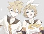  1boy 1girl armpit_crease bare_shoulders bass_clef blonde_hair blue_eyes close-up collarbone detached_sleeves dot_nose eiku expressionless eyebrows_visible_through_hair eyes_visible_through_hair flat_chest grey_background hair_ornament hair_ribbon hairclip half-closed_eyes kagamine_len kagamine_rin looking_at_viewer musical_note necktie open_mouth parted_lips ribbon short_hair short_sleeves side-by-side simple_background sparkle sparkle_background tareme teeth treble_clef upper_body upper_teeth very_short_hair vocaloid white_ribbon yellow_neckwear yellow_theme 
