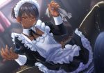  1girl @@@ black_hair collarbone dark_skin detached_collar highres long_sleeves maid maid_headdress original otoko_no_ko pantyhose short_hair sitting skirt solo wet yellow_eyes 