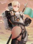  1girl armor backpack bag blonde_hair blurry blurry_background blush breasts closed_mouth doyouwantto elbow_gloves flag frame_arms_girl gloves medium_breasts shiny shiny_hair shiny_skin short_hair skindentation solo standing thighs yellow_eyes 