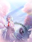  1boy 4girls akausuko backpack bag blue_hair blue_sky blurry blush brown_hair cherry_blossoms closed_mouth clouds eyeshadow green_eyes hair_between_eyes hair_ornament hairclip hatsune_miku highres light_rays long_hair makeup multiple_girls necktie open_mouth orange_eyes original outdoors patterned petals pink_hair red_eyeshadow red_neckwear sky smile tree twintails very_long_hair white_backpack 
