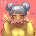  1girl :q absurdres artist_name blush commentary double_bun english_commentary grey_hair highres long_sleeves looking_at_viewer orange-tinted_eyewear original rimless_eyewear round_eyewear saturn_(planet) sleeves_past_fingers sleeves_past_wrists smile solo sweater temachii tongue tongue_out upper_body yellow_sweater 