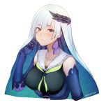  1girl bangs blue_hair blunt_bangs blush breasts brynhildr_(fate) closed_mouth commentary dated diagonal_bangs elbow_gloves english_commentary eyebrows_visible_through_hair eyes_visible_through_hair fate/grand_order fate_(series) gauntlets gloves green_neckwear large_breasts laurel_crown long_hair looking_at_viewer multicolored_hair neckerchief sailor_collar school_uniform serafuku signature silver_hair solo temachii upper_body violet_eyes white_sailor_collar 