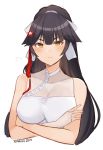  1girl azur_lane black_hair blush bow breasts bridal_gauntlets closed_mouth commentary crossed_arms dated dress english_commentary hair_bow highres large_breasts long_hair looking_at_viewer multicolored multicolored_eyes orange_eyes pout signature simple_background solo takao_(azur_lane) temachii upper_body white_background white_bow white_dress yellow_eyes 