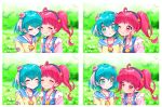  2girls ;) ahoge bangs blue_eyes blue_hair blue_hairband blurry blurry_background blush closed_eyes closed_mouth eru eye_contact eyebrows_visible_through_hair floating_hair grin hagoromo_lala hair_between_eyes hairband hoshina_hikaru long_hair looking_at_another multiple_girls one_eye_closed overalls pink_eyes pink_hair pink_shirt pointy_ears precure shiny shiny_hair shirt smile star-shaped_pupils star_(symbol) star_twinkle_precure symbol-shaped_pupils upper_body yellow_shirt yuri 