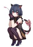  1girl animal_ear_fluff animal_ears bangs blush bow closed_mouth eyebrows_visible_through_hair gin00 hairband idolmaster idolmaster_shiny_colors looking_at_viewer morino_rinze pink_bow polka_dot purple_footwear red_eyes simple_background solo striped tail tail_bow wrist_cuffs 