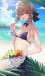  1girl absurdres apron artoria_pendragon_(all) artoria_pendragon_(swimsuit_rider_alter) bangs bare_shoulders beach bikini bikini_top black_bikini black_skirt blue_sky blush braid breasts choker collarbone fate/grand_order fate_(series) food french_braid frilled_bikini frilled_choker frills fruit highres long_hair looking_at_viewer maid_bikini maid_headdress monge_baby open_mouth popsicle skirt sky small_breasts swimsuit tray waist_apron yellow_eyes 