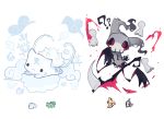  ._. ?? black_eyes black_sclera bulbasaur charamells chibi chibi_inset duskull english_commentary floating fusion gen_1_pokemon gen_3_pokemon gen_7_pokemon gen_8_pokemon ghost highres looking_at_viewer lying mimikyu no_humans notice_lines on_stomach pokemon pokemon_(creature) red_eyes scythe simple_background skull smoke snom snowflakes white_background 