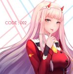  1girl :p absurdres blue_eyes character_name closed_mouth darling_in_the_franxx double-breasted eyebrows_visible_through_hair finger_to_tongue hairband hand_up highres horns jacket long_hair long_sleeves looking_at_viewer multicolored multicolored_eyes pink_hair red_jacket smile solo spread_legs temachii tongue tongue_out upper_body zero_two_(darling_in_the_franxx) 