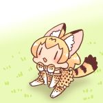  1girl :3 animal_ear_fluff animal_ears animal_print arm_support between_legs bow bowtie chibi elbow_gloves extra_ears full_body gloves grass hand_between_legs inukoro_(spa) kemono_friends looking_away lowres no_nose open_mouth orange_hair outdoors print_bow print_gloves print_legwear print_neckwear print_skirt serval_(kemono_friends) serval_ears serval_print serval_tail short_hair sitting skirt solo striped_tail tail |_| 