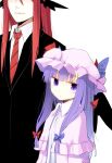  2girls bangs black_jacket blue_bow blunt_bangs bow capelet commentary_request crescent crescent_moon_pin dress hair_bow hat hat_bow head_wings height_difference jacket kazeharu koakuma long_hair looking_at_viewer mob_cap multiple_girls necktie patchouli_knowledge purple_dress purple_hair purple_headwear red_bow red_neckwear redhead shirt simple_background star_(symbol) touhou upper_body violet_eyes white_background white_shirt wings 