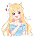  1girl :d bangs blonde_hair blue_shirt blush cropped_torso dated eyebrows_visible_through_hair frilled_shirt frills hair_between_eyes hand_up heart highres index_finger_raised light_(luxiao_deng) long_hair off-shoulder_shirt off_shoulder open_mouth original puffy_short_sleeves puffy_sleeves shirt short_sleeves signature simple_background smile solo striped striped_shirt upper_body vertical-striped_shirt vertical_stripes violet_eyes white_background 