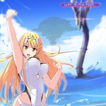  1girl :d artifice_ophion blonde_hair blue_sky bouncing_breasts breasts earrings highres jewelry large_breasts long_hair mythra_(xenoblade) one-piece_swimsuit open_mouth outdoors re_saisei robot sky smile solo sun swimsuit tiara very_long_hair water white_swimsuit xenoblade_(series) xenoblade_2 