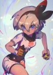  1girl bangs black_bodysuit black_hairband bodysuit bodysuit_under_clothes clenched_hand closed_mouth collared_shirt commentary_request dynamax_band eyelashes eyes_visible_through_hair gloves grey_hair gym_leader hair_between_eyes hairband highres holding holding_poke_ball looking_at_viewer nijimaarc poke_ball pokemon pokemon_(game) pokemon_swsh print_shirt print_shorts saitou_(pokemon) shirt short_hair short_sleeves shorts single_glove solo ultra_ball violet_eyes 