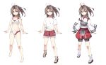  1girl alternate_costume barefoot bikini breasts brown_eyes brown_footwear brown_hair casual fei_(feikotake) full_body hachimaki hair_ribbon headband high_heels high_ponytail kantai_collection long_hair looking_at_viewer midriff multiple_views muneate navel red_shorts ribbon sandals shirt shorts simple_background small_breasts smile swimsuit tied_shirt white_background white_bikini white_legwear white_ribbon white_shirt zuihou_(kantai_collection) 