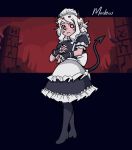  1girl alternate_costume apron bangs black_dress black_footwear black_horns blush boots breasts character_name commentary demon_girl demon_horns demon_tail dress enmaided frilled_dress frilled_sleeves frills frown full_body heart heart-shaped_pupils helltaker horns looking_at_viewer maid maid_dress maid_headdress mateus_upd modeus_(helltaker) puffy_short_sleeves puffy_sleeves red_eyes short_sleeves solo symbol-shaped_pupils tail thigh-highs thigh_boots waist_apron 