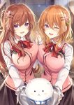  2girls :d ;d angora_rabbit asymmetrical_docking bangs blush breast_press breasts brown_hair commentary cup gochuumon_wa_usagi_desu_ka? hair_between_eyes hair_ornament hairclip highres holding holding_hands holding_tray hoto_cocoa hoto_mocha in_container in_cup indoors interlocked_fingers ks_(xephyrks) large_breasts long_hair long_sleeves looking_at_viewer medium_hair multiple_girls neck_ribbon older one_eye_closed one_side_up open_mouth orange_hair pink_vest rabbit rabbit_house_uniform red_ribbon ribbon shirt siblings sisters smile tippy_(gochiusa) tray vest violet_eyes white_shirt wooden_floor 