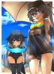  2girls :d arms_behind_back ass_visible_through_thighs bangs beach beach_umbrella bird_tail black_hair black_headwear black_legwear black_swimsuit blue_eyes blue_sky bow bowtie clouds commentary_request covered_navel day greater_lophorina_(kemono_friends) hair_between_eyes hat head_wings highres kemono_friends leaning_forward looking_at_viewer multiple_girls name_tag open_mouth outdoors pantyhose pantyhose_pull rainbow_neckwear robe school_swimsuit see-through sky smile swimsuit thin_(suzuneya) umbrella western_parotia_(kemono_friends) 