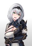  1girl absurdres black_gloves breast_hold breasts fingerless_gloves gloves goldred green_eyes hair_ornament head_tilt highres hololive impossible_clothes large_breasts looking_at_viewer open_mouth shirogane_noel short_hair simple_background strap white_background white_hair 