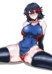  1girl absurdres black_hair blue_eyes blush competition_swimsuit gggg highres kill_la_kill looking_at_viewer matoi_ryuuko multicolored_hair one-piece_swimsuit short_hair simple_background sitting solo spread_legs swimsuit thigh-highs two-tone_hair white_background 