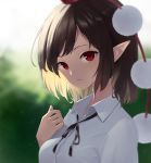  1girl blurry blurry_background brown_hair buttons collared_shirt eyebrows eyebrows_visible_through_hair hat highres kanpa_(campagne_9) looking_at_viewer parted_lips partially_unbuttoned pointy_ears red_eyes shameimaru_aya shirt short_hair sidelocks tokin_hat touhou upper_body 