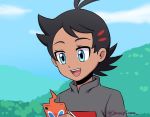  1boy antenna_hair black_hair black_shirt blue_eyes dark_skin dark_skinned_male eyelashes goh_(pokemon) happy holding holding_phone looking_at_phone natural_background open_mouth phone pokemon pokemon_(anime) pokemon_swsh_(anime) print_shirt rotom rotom_phone sara_bonetti shirt solo spiky_hair upper_teeth 