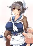  1girl apron black_hair blue_serafuku blue_skirt breasts brown_shawl cowboy_shot hair_flaps hair_ornament highres hip_vent jingei_(kantai_collection) kantai_collection large_breasts long_hair long_sleeves miniskirt pleated_skirt red_eyes shigatsu_(soratobuusagi) skirt solo standing waist_apron white_apron white_neckwear wrapped_obentou 