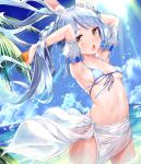  1girl animal_ear_fluff animal_ears arm_cuffs armpits arms_up beach bikini blue_bikini blue_hair blue_sky blush braid breasts bunny-shaped_pupils carrot clouds day eyebrows_visible_through_hair front-tie_bikini front-tie_top highres hololive long_hair looking_at_viewer medium_breasts mogmog multicolored_hair navel ocean open_mouth outdoors palm_tree rabbit_ears sarong sky solo standing swimsuit thick_eyebrows tree twin_braids two-tone_hair usada_pekora virtual_youtuber wading water white_hair 