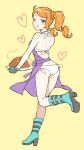  1girl ;q bikini blue_eyes blue_footwear boots curry curry_rice food gloves grey_gloves hair_ornament heart heart_hair_ornament highres holding holding_plate long_hair looking_at_viewer nokataro one_eye_closed orange_hair plate pokemon pokemon_(game) pokemon_swsh purple_apron rice shiny shiny_hair shoulder_blades side-tie_bikini side_ponytail simple_background solo sonia_(pokemon) standing standing_on_one_leg swimsuit tongue tongue_out white_bikini yellow_background 