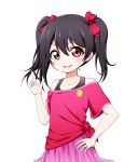  1girl bangs black_hair blush bow collarbone eyebrows_behind_hair hair_between_eyes hair_bow hand_on_hip hand_up highres index_finger_raised kuena love_live! love_live!_school_idol_project off-shoulder_shirt off_shoulder parted_lips pink_skirt red_bow red_eyes red_shirt shirt short_sleeves skirt smile smiley_face solo tied_shirt twintails v-shaped_eyebrows yazawa_nico 