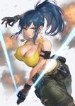  1girl ammunition_pouch bare_arms blue_eyes blue_hair boots breasts camouflage camouflage_pants dog_tags gloves highres leona_heidern looking_at_viewer mhk_(mechamania) midriff pants ponytail pouch sleeveless solo tank_top the_king_of_fighters the_king_of_fighters_xiv yellow_tank_top 