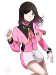  1girl bangs eyebrows_visible_through_hair floating_hair highres kiramei_pink looking_to_the_side mashin_sentai_kiramager ooharu_sayo pink_eyes pink_nails solo super_sentai tokusatsu uniform usotsuki-deceive watch white_background 