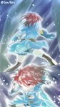  akira_(tete-akira) blue_background blue_dress dress fighting_stance gloves highres leila_asprey rain red_eyes redhead shorts shuumatsu_nani_shitemasu_ka? thigh-highs 
