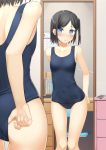  1girl absurdres adjusting_clothes adjusting_swimsuit apollo_(hu_maple) black_hair blue_eyes blue_swimsuit bookshelf breasts collarbone commentary_request cowboy_shot desk highres looking_at_mirror mirror one_side_up original reflection school_swimsuit small_breasts solo standing swimsuit 