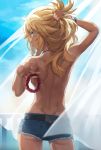 1girl ass back bad_anatomy bad_hands belt blonde_eyebrows blonde_hair blush bracelet breasts eyebrows_visible_through_hair eyes_visible_through_hair fate/apocrypha fate_(series) female_only green_eyes highres jewelry looking_at_viewer medium_hair mordred_(fate) mordred_(fate)_(all) no_bra solo tonee topless upper_body