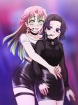  2girls alternate_costume highres hug hug_from_behind idol idol_(7th_dragon) kanroji_mitsuri kimetsu_no_yaiba kochou_shinobu multiple_girls smile 
