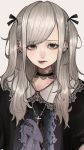  1girl bangs biting black_eyes blonde_hair choker close-up collar cross cross_necklace earrings eyebrows_visible_through_hair frilled_choker frilled_collar frills highres jewelry lip_biting looking_at_viewer mano_aaa medium_hair necklace original piercing solo 