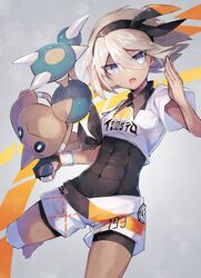  1girl bangs barefoot black_bodysuit black_hairband blue_eyes bodysuit bodysuit_under_clothes collared_shirt commentary_request covered_abs covered_navel dynamax_band eyelashes gen_2_pokemon gloves gym_leader hair_between_eyes hairband hand_up hitmontop holding holding_poke_ball knee_pads looking_at_viewer open_mouth partly_fingerless_gloves poke_ball pokemon pokemon_(creature) pokemon_(game) pokemon_swsh print_shirt print_shorts saitou_(pokemon) sasa_onigiri shirt short_sleeves shorts single_glove teeth tied_shirt tongue ultra_ball 